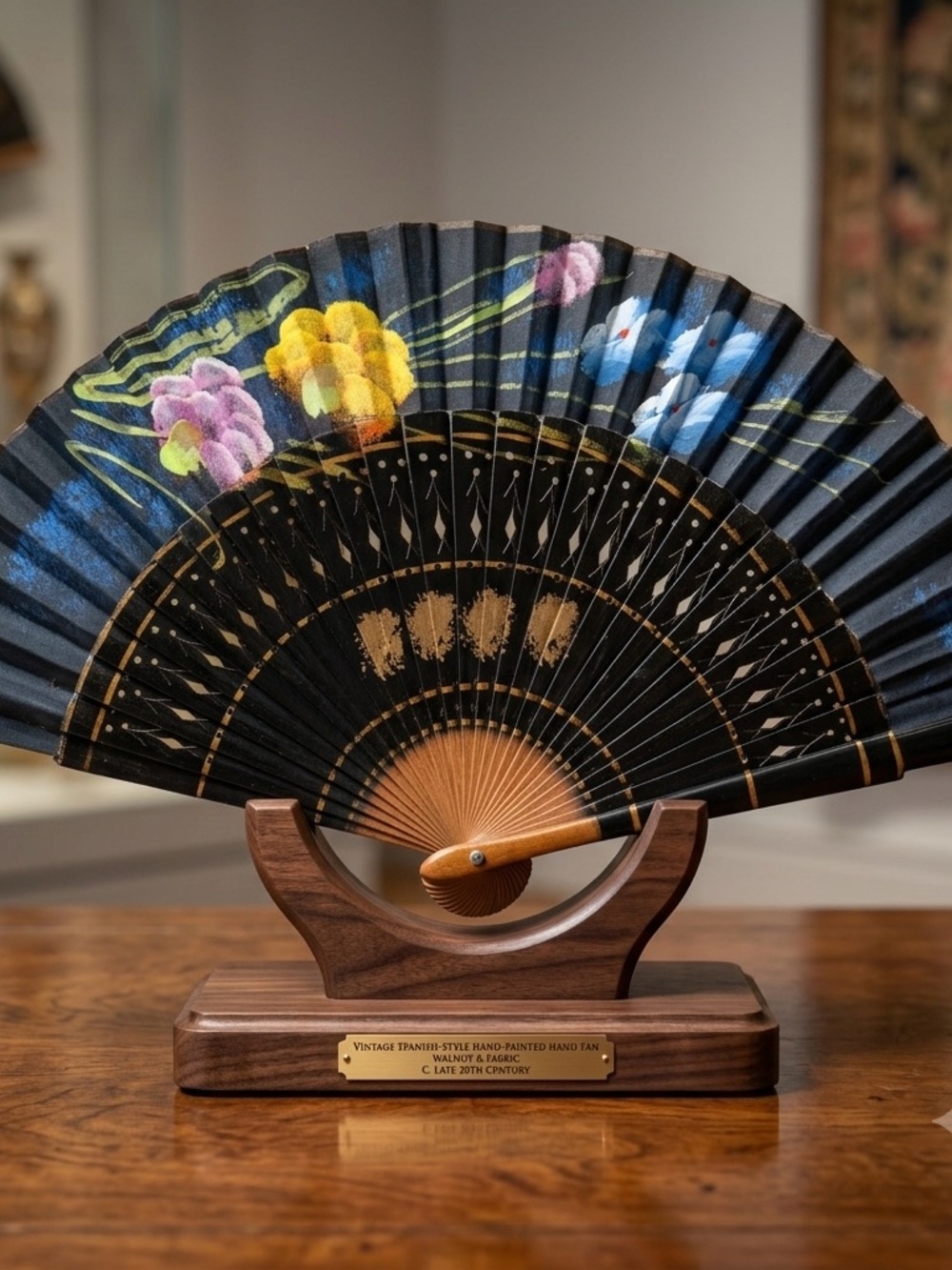 Vintage Spanish Style Hand Fan Black Wood Fabric Hand Painted Floral